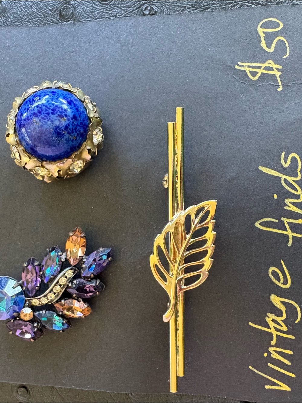 Vintage blue Gold Leaf brooch with Blue Stone and Iridescent Brooch